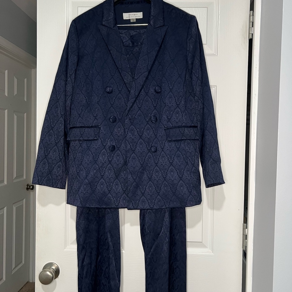 Tahari Navy Double-Breasted Jacquard Suit
